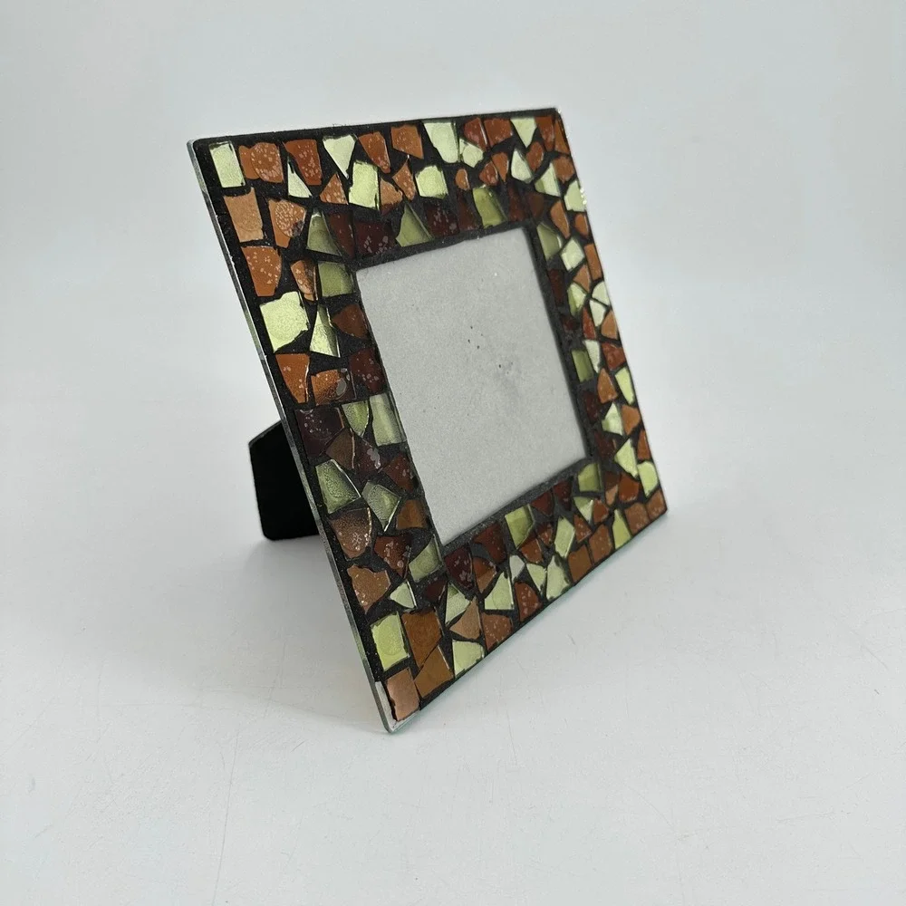 Mosaic Stained Glass Picture Frame 4x4 Square Amber Brown Green Earthy Boho Deco